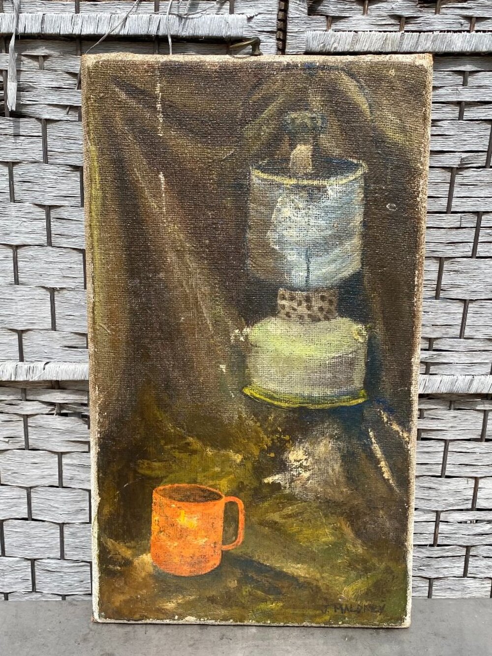Antique Original Painting Still Life Kerosene Lamp Lantern Night Dark Coffee Cup